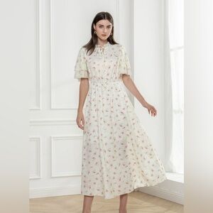 SHEIN Floral Flutter Sleeve Dress with Bow Detail